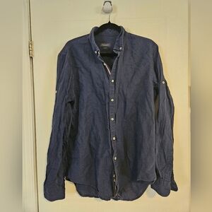 Mens Zara button down shirt top XL slim fit navy blue long sleeve